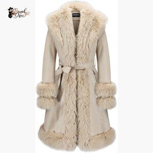 Faux Leather Jacket with Faux Fur Collar, Winter Peplum Parka Coat with Belt